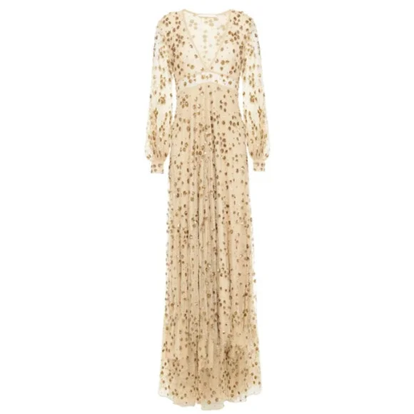 LoveShackFancy Maxi Dress Gown‎ Gold Nude Sequin Sparkle Glitter Tulle Holiday 0